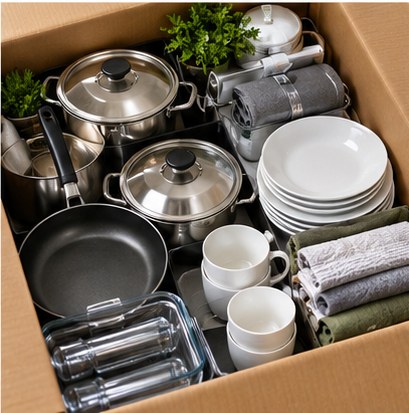 Kitchen And Home Essentials packed for transport